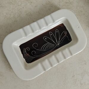 Rare MCM Lapid Israel Hand painted Ceramic Tray with Brown Sgrafito Design